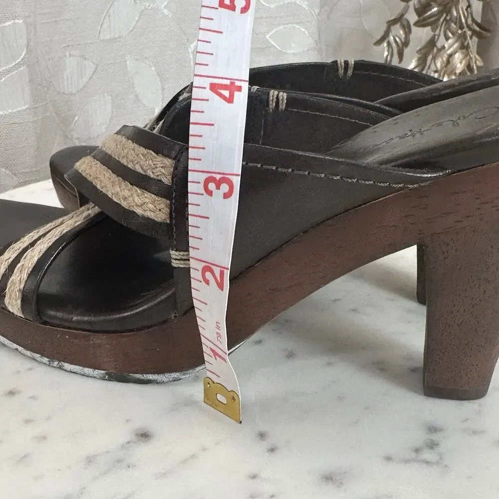 Cole Haan Brown Leather Raffia Woven Straps Wooden Platform Block‎ Heel Sandals